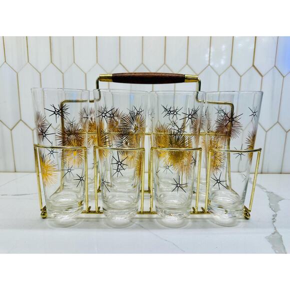 MCM  Federal Glass Starburst Black‎ Gold Tall Glasses | Brass Caddy Wood Handle - Picture 1 of 7